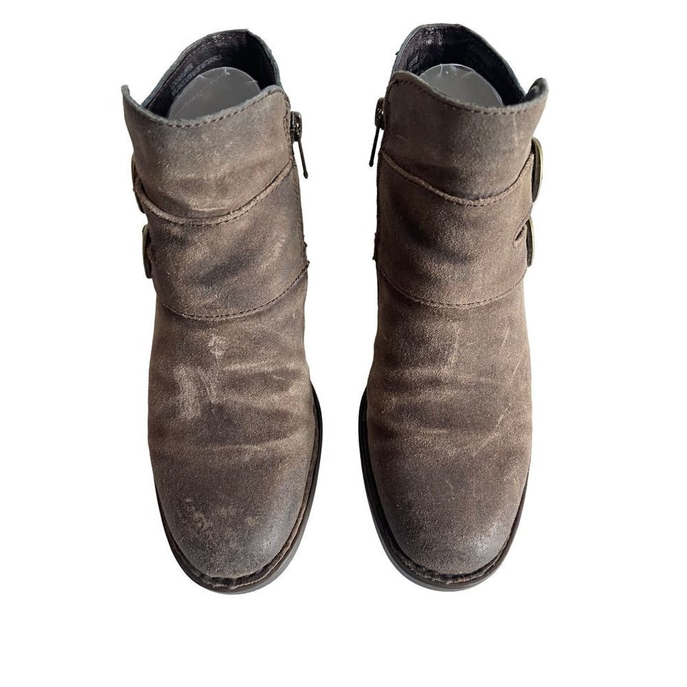 BORN Size 6M Brown Suede Leather Side Zip Double Buckle Round Toe Ankle Booties - Picture 6 of 9